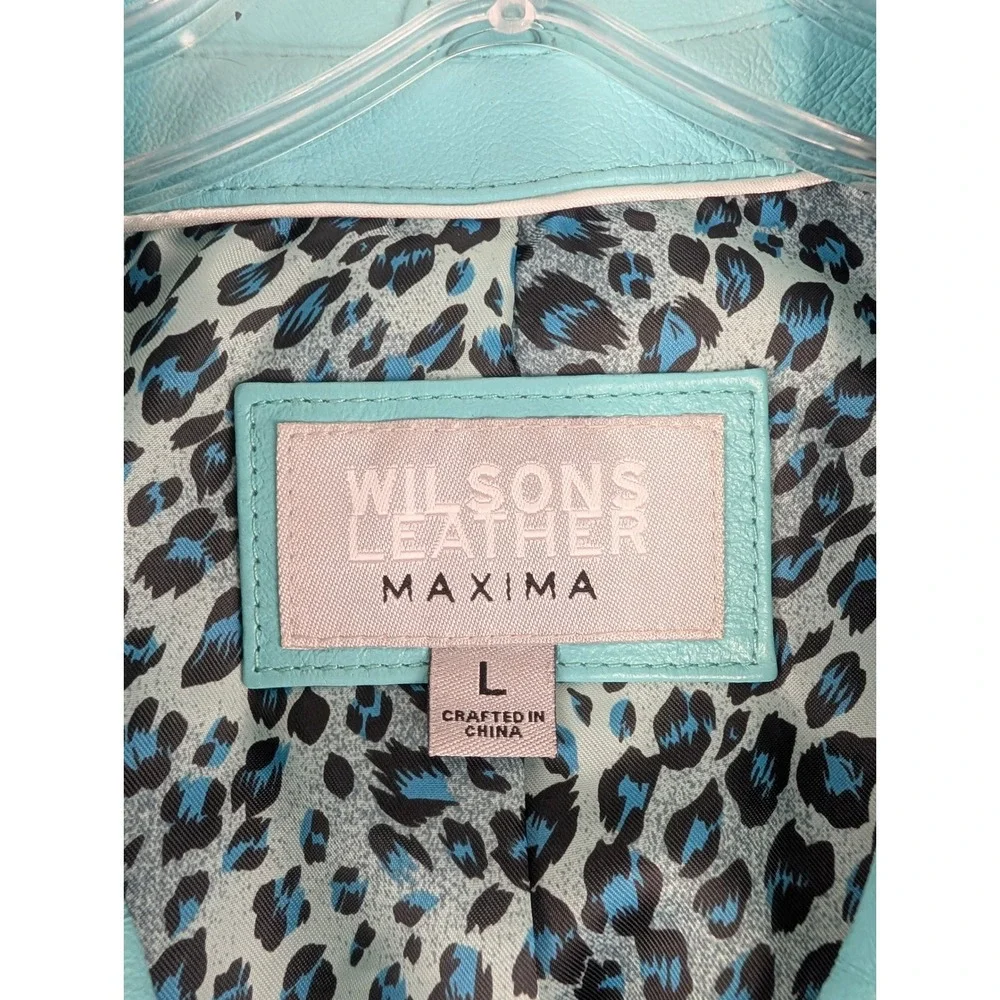 Wilsons Leather Maxima Trench Coat Womens L Turquoise Blue Leather Belted Jacket - Picture 4 of 10